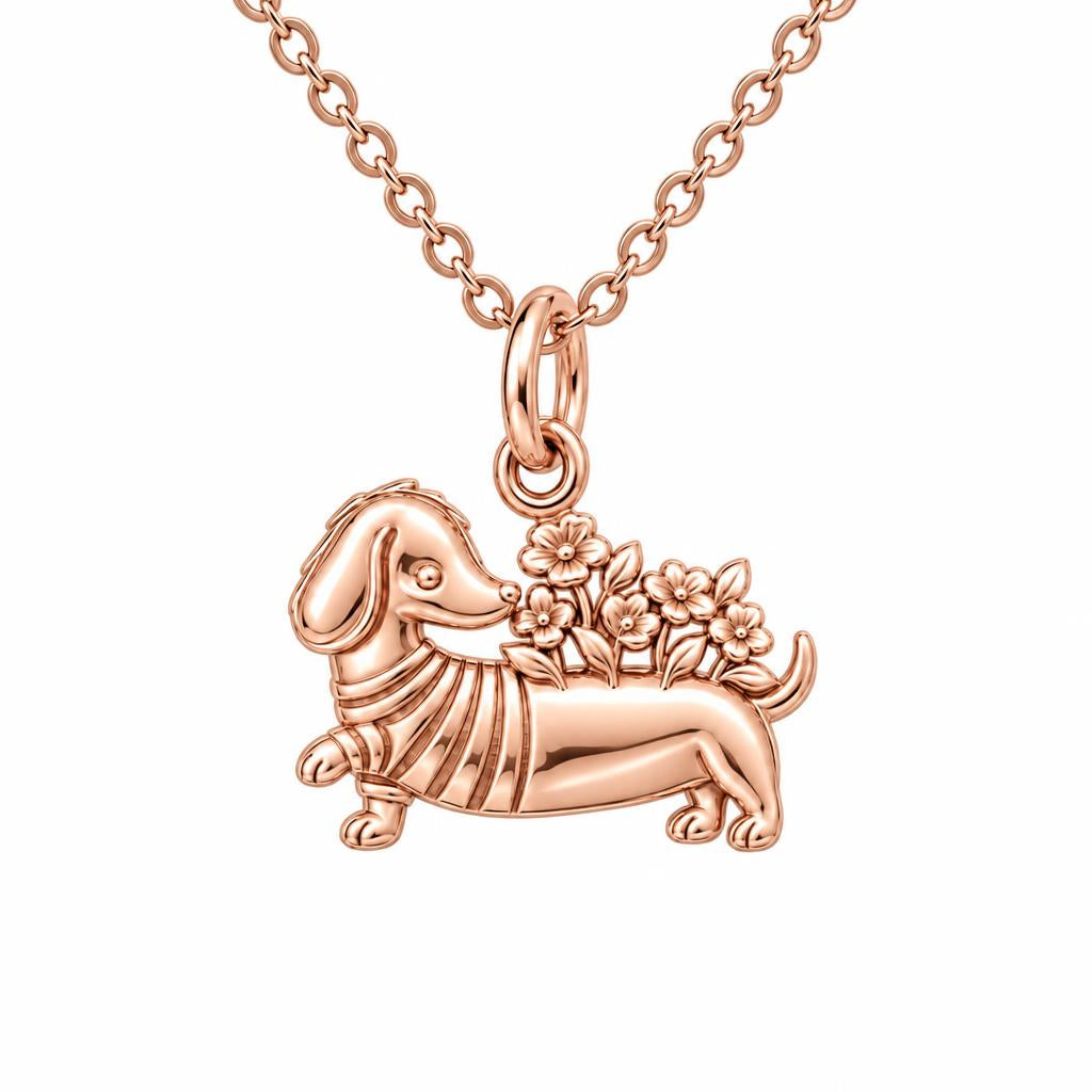 Floral Sweater Dachshund Charm Necklace Set – rose gold, front view