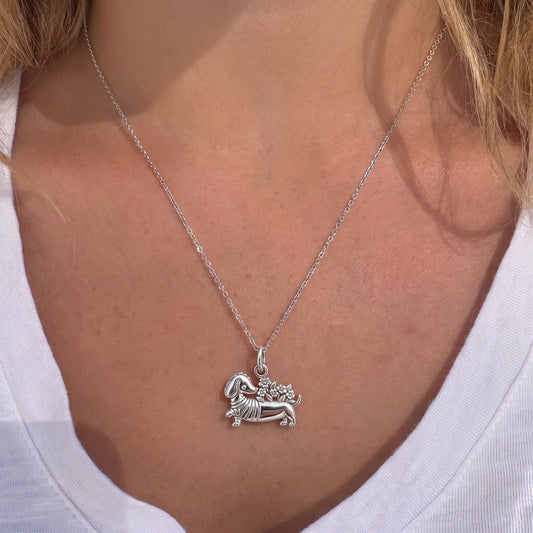 Floral Sweater Dachshund Charm Necklace Set – worn / in use