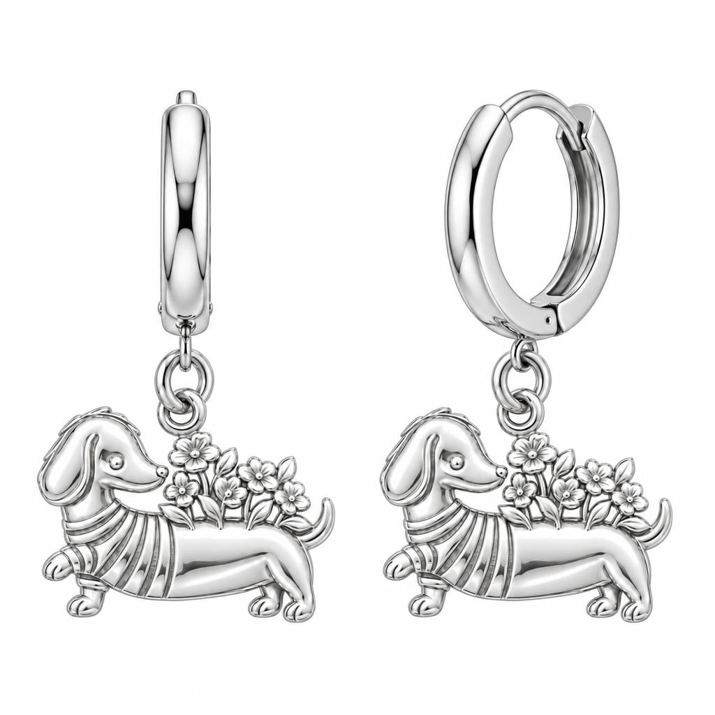 Floral Sweater Dachshund Huggie Charm Earrings – silver, front view