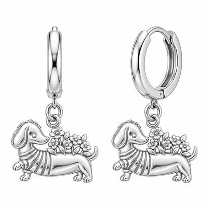 Floral Sweater Dachshund Huggie Charm Earrings – silver, front view