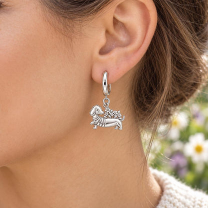 Floral Sweater Dachshund Huggie Charm Earrings – worn / in use