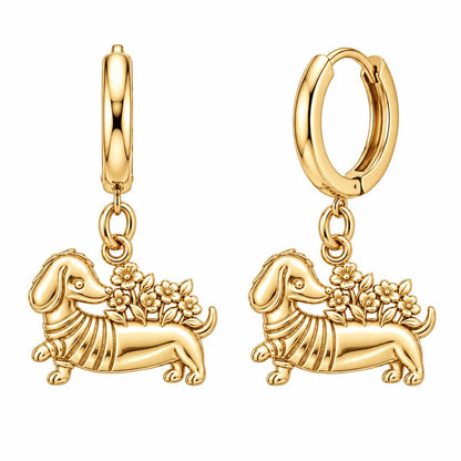 Floral Sweater Dachshund Huggie Charm Earrings – 18K gold, front view
