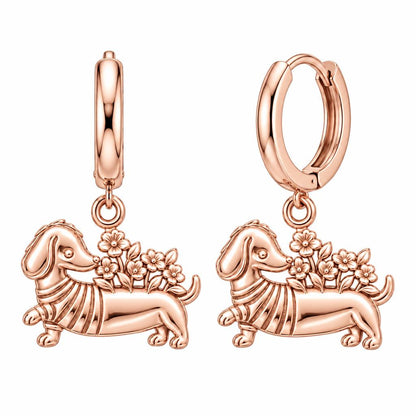 Floral Sweater Dachshund Huggie Charm Earrings – rose gold, front view