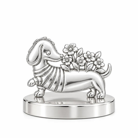Floral Sweater Dachshund Keepsake Plaque – silver, front view