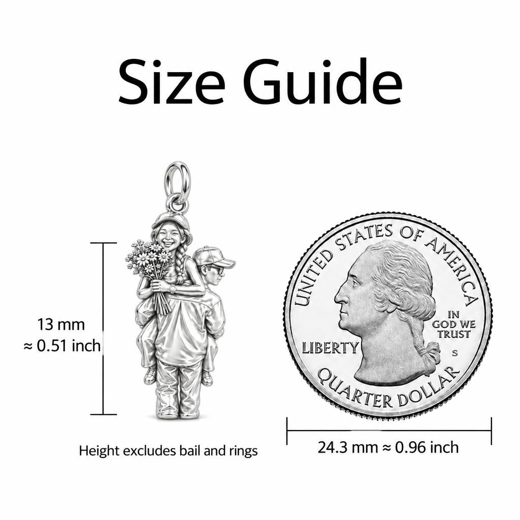 Flower Piggyback Ride Charm Bracelet – Personalized Couple Gift – size guide, 13 mm charm next to a quarter