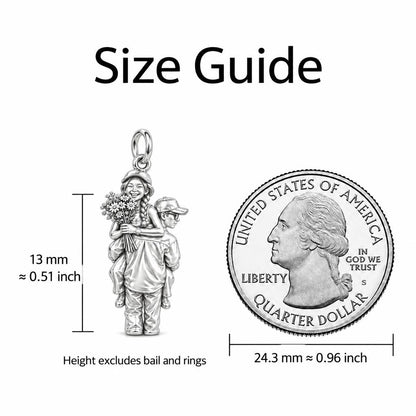 Flower Piggyback Ride Charm Bracelet – Personalized Couple Gift – size guide, 13 mm charm next to a quarter
