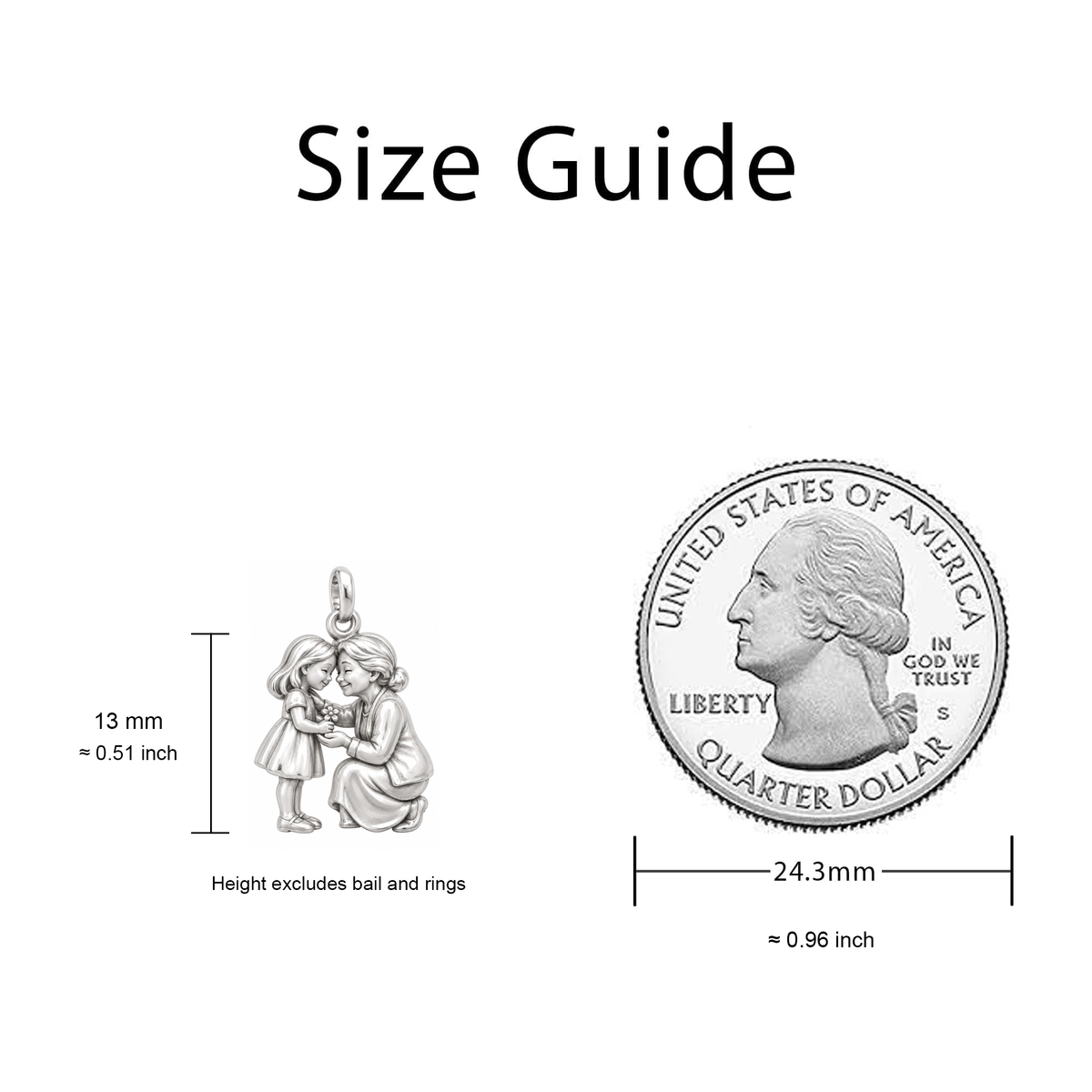 Flowers for Grandma Charm size guide — 13 mm body excluding bail and rings; quarter diameter 24.3 mm
