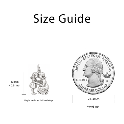 Flowers for Grandma Charm size guide — 13 mm body excluding bail and rings; quarter diameter 24.3 mm