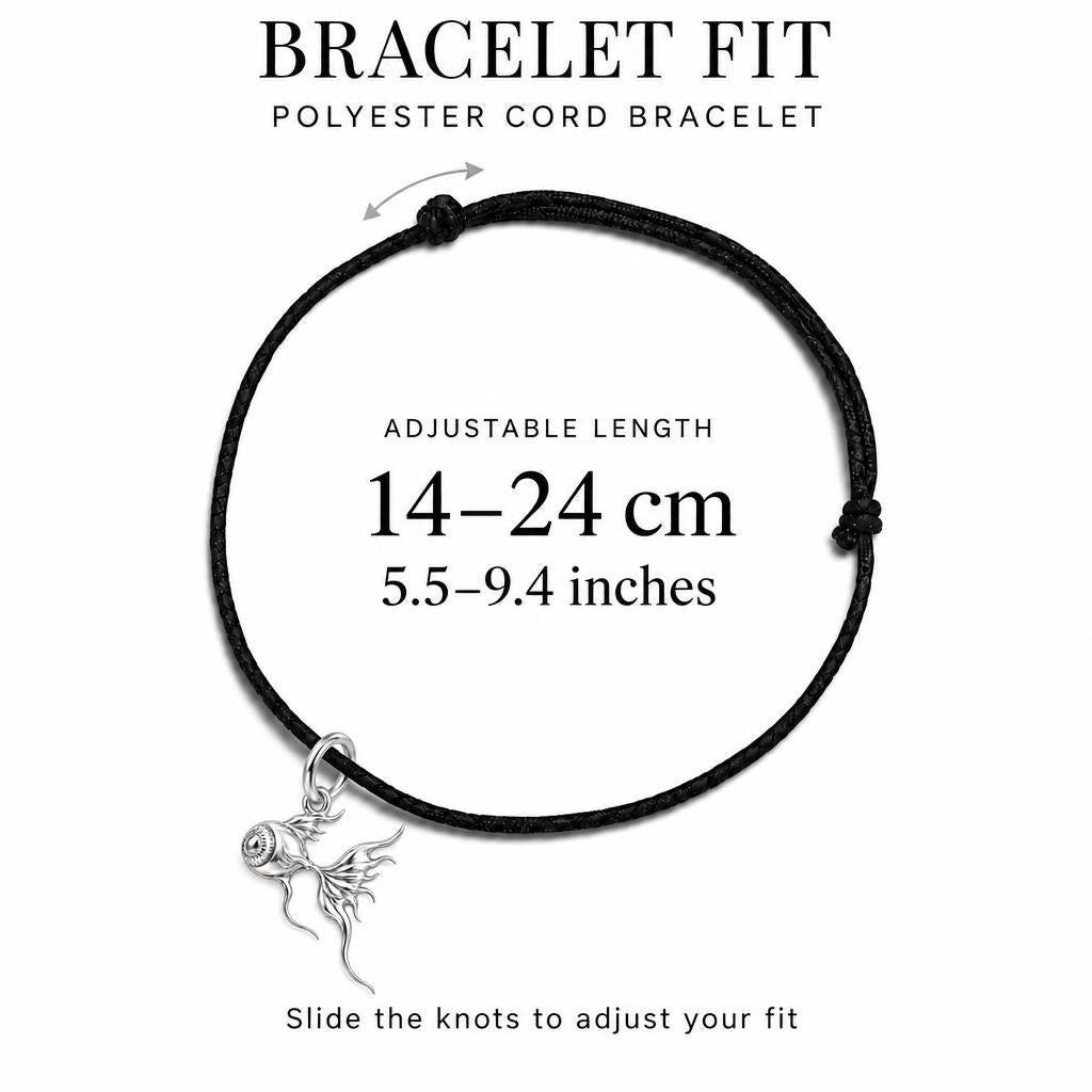 Flowing Goldfish Eye Charm Bracelet – Personalized Gift – adjustable black cord bracelet, 14–24 cm