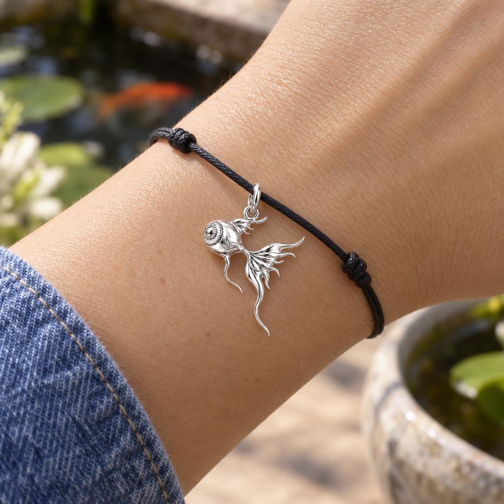 Flowing Goldfish Eye Charm Bracelet – Personalized Gift – worn on the wrist on a black cord bracelet
