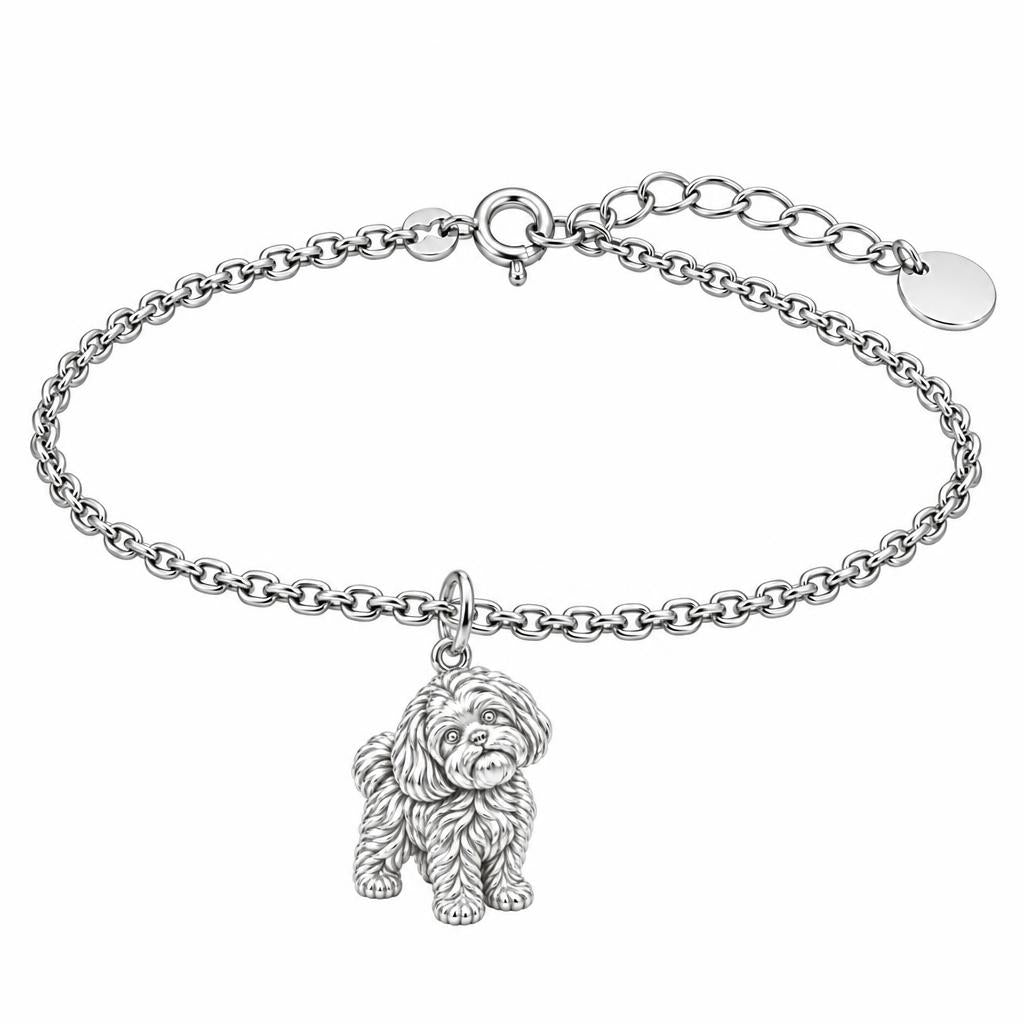Fluffy Maltipoo Pup Charm Bracelet Set – silver, front view