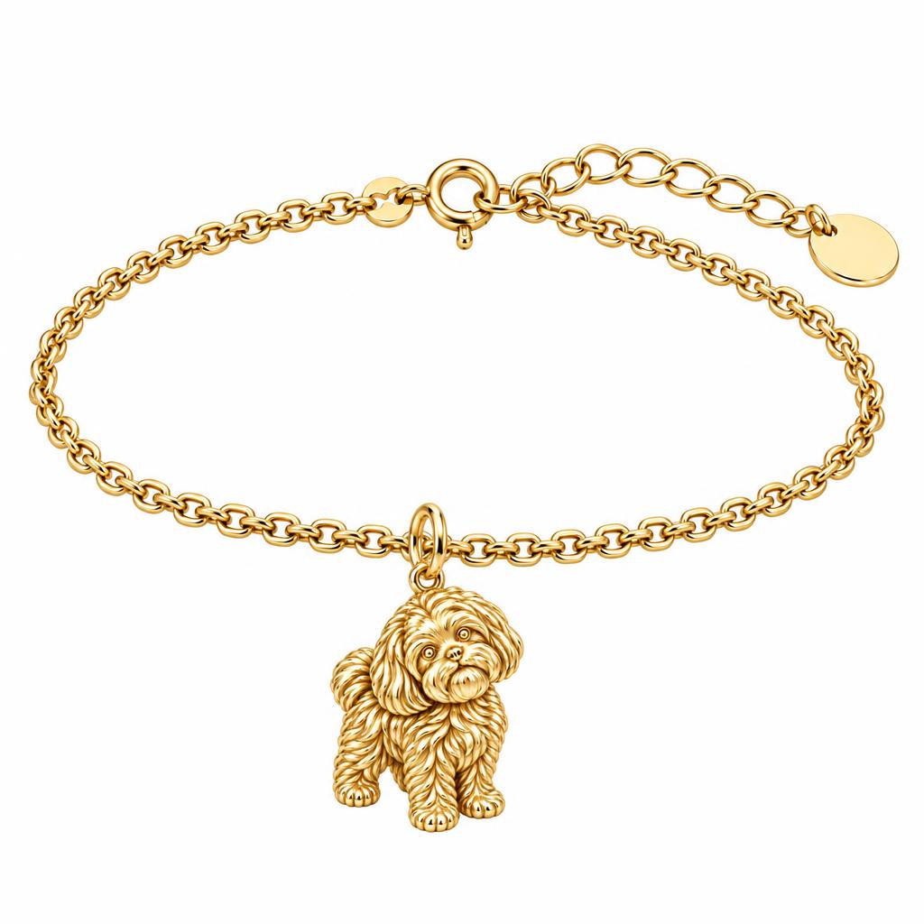 Fluffy Maltipoo Pup Charm Bracelet Set – 18K gold, front view