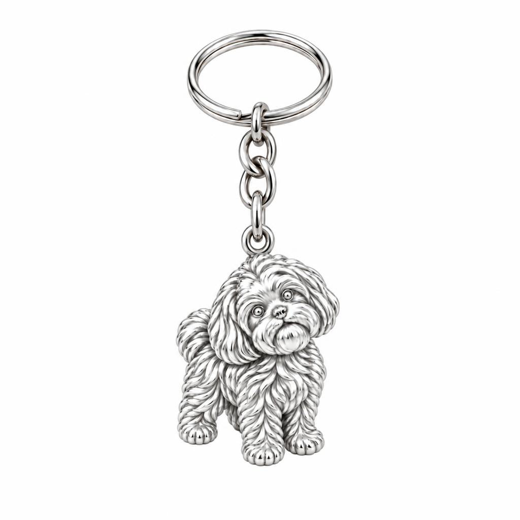 Fluffy Maltipoo Pup Charm Keychain – silver, front view