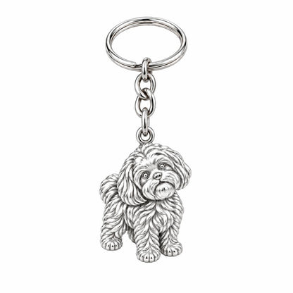 Fluffy Maltipoo Pup Charm Keychain – silver, front view