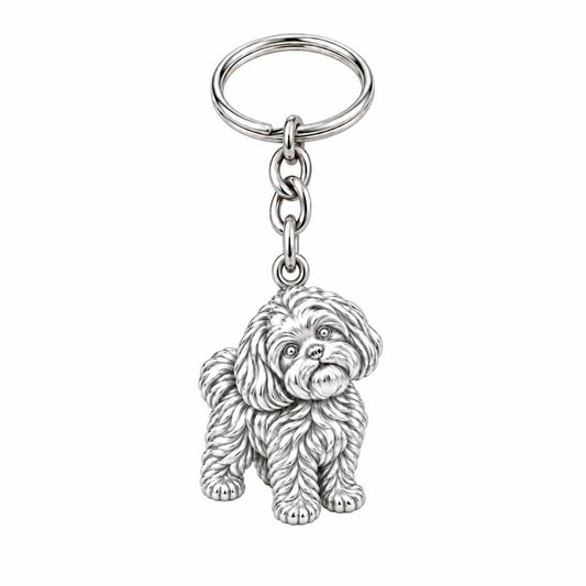 Fluffy Maltipoo Pup Charm Keychain – silver, front view