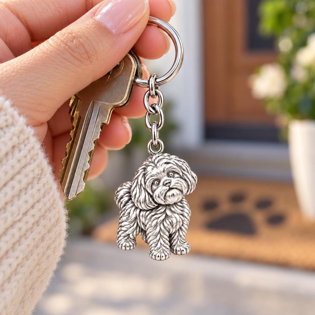 Fluffy Maltipoo Pup Charm Keychain – worn / in use