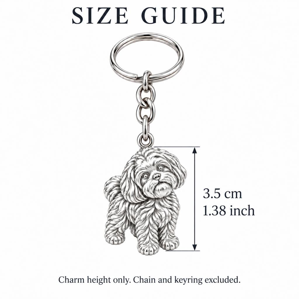 Fluffy Maltipoo Pup Charm Keychain – size guide, 3.5 cm (1.38 in) charm, chain and keyring excluded