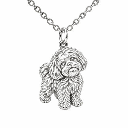 Fluffy Maltipoo Pup Charm Necklace Set – silver, front view