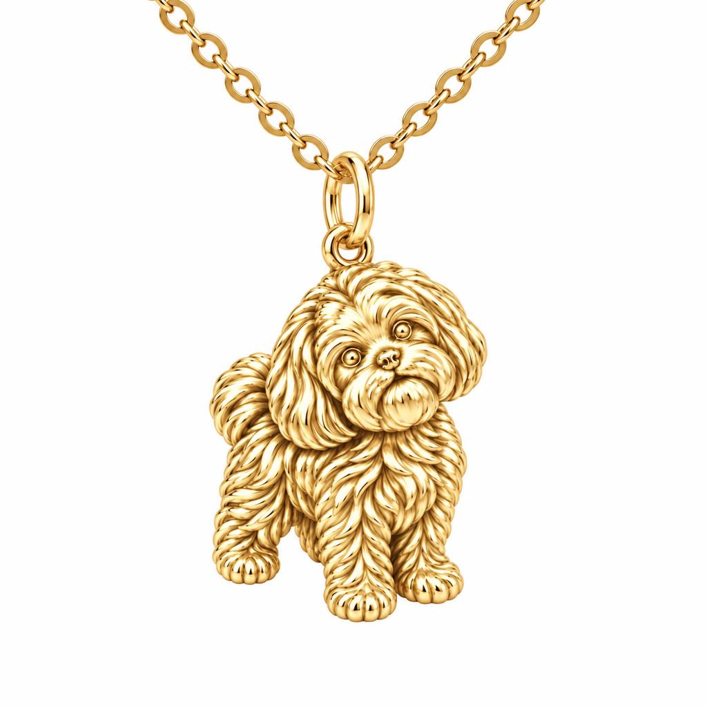 Fluffy Maltipoo Pup Charm Necklace Set – 18K gold, front view