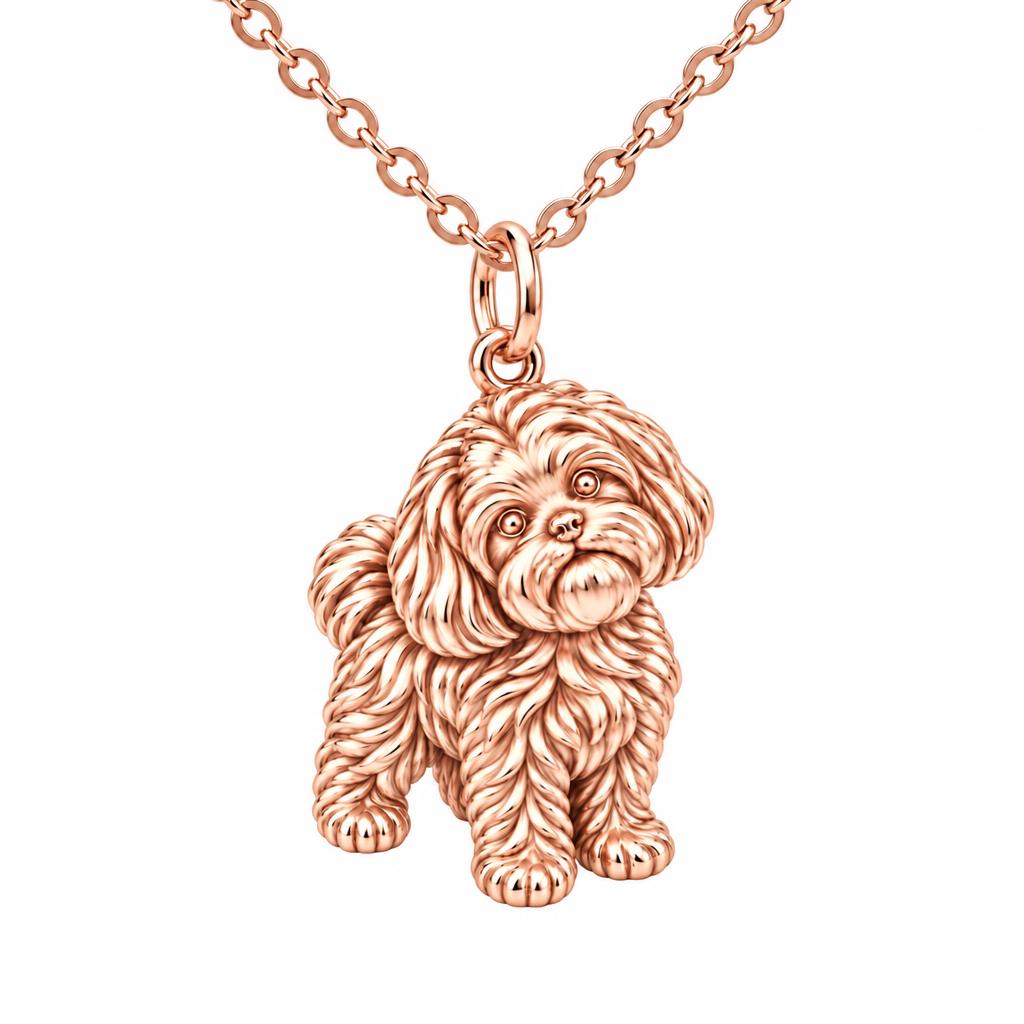 Fluffy Maltipoo Pup Charm Necklace Set – rose gold, front view