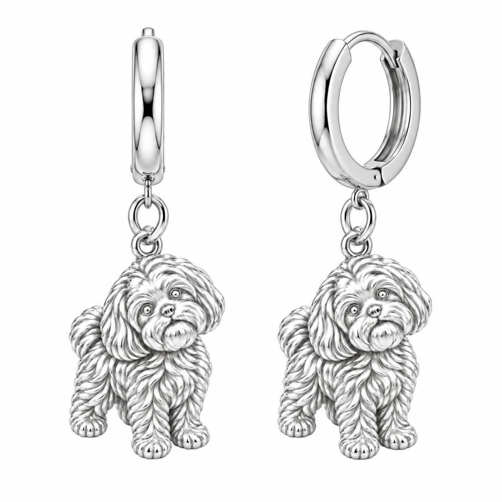 Fluffy Maltipoo Pup Huggie Charm Earrings – silver, front view