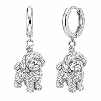 Fluffy Maltipoo Pup Huggie Charm Earrings – silver, front view