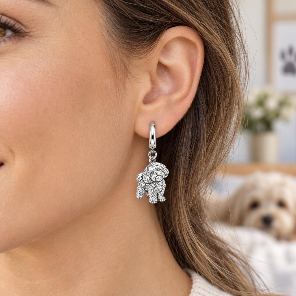 Fluffy Maltipoo Pup Huggie Charm Earrings – worn / in use
