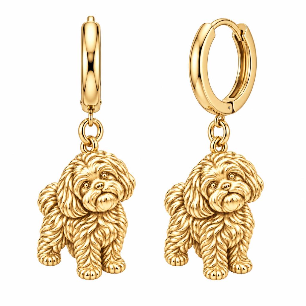 Fluffy Maltipoo Pup Huggie Charm Earrings – 18K gold, front view