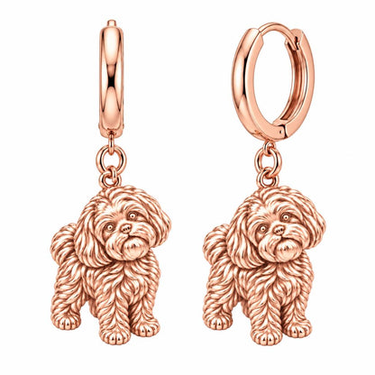 Fluffy Maltipoo Pup Huggie Charm Earrings – rose gold, front view