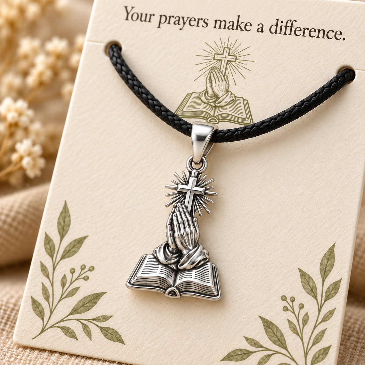 Praying Hands Bible Charm and Polyester Cord Bracelet Set Gift