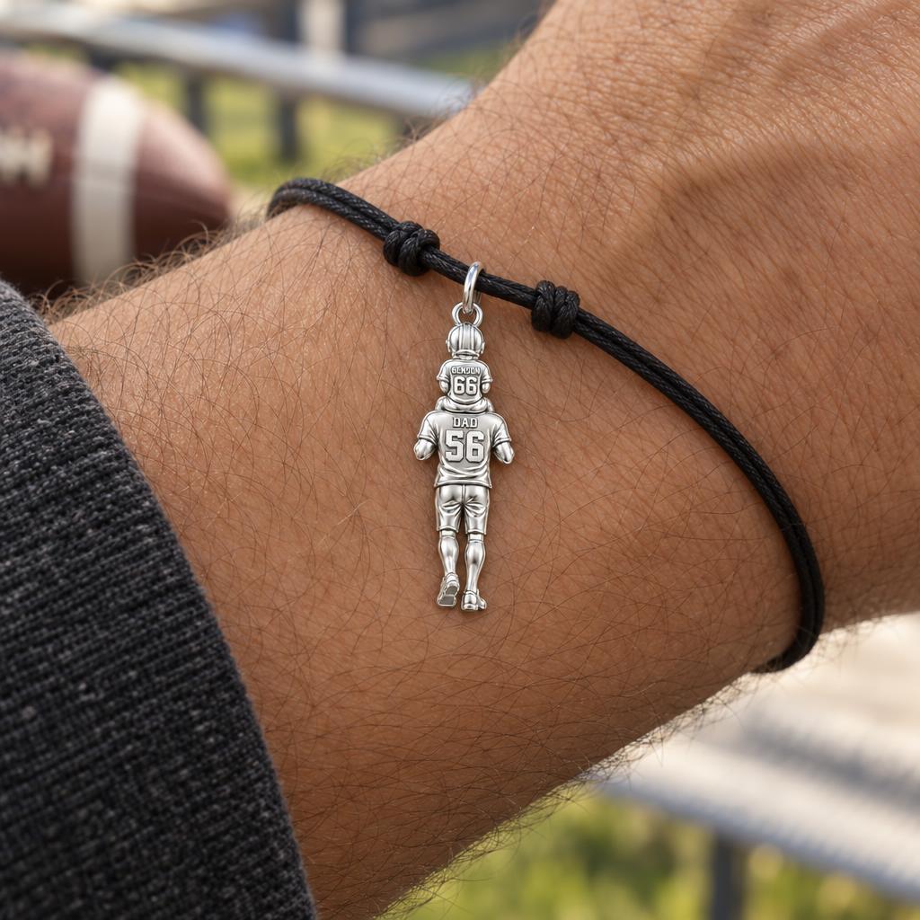 Football Father and Son Charm Bracelet – Personalized Dad Gift – worn on the wrist on a black cord bracelet