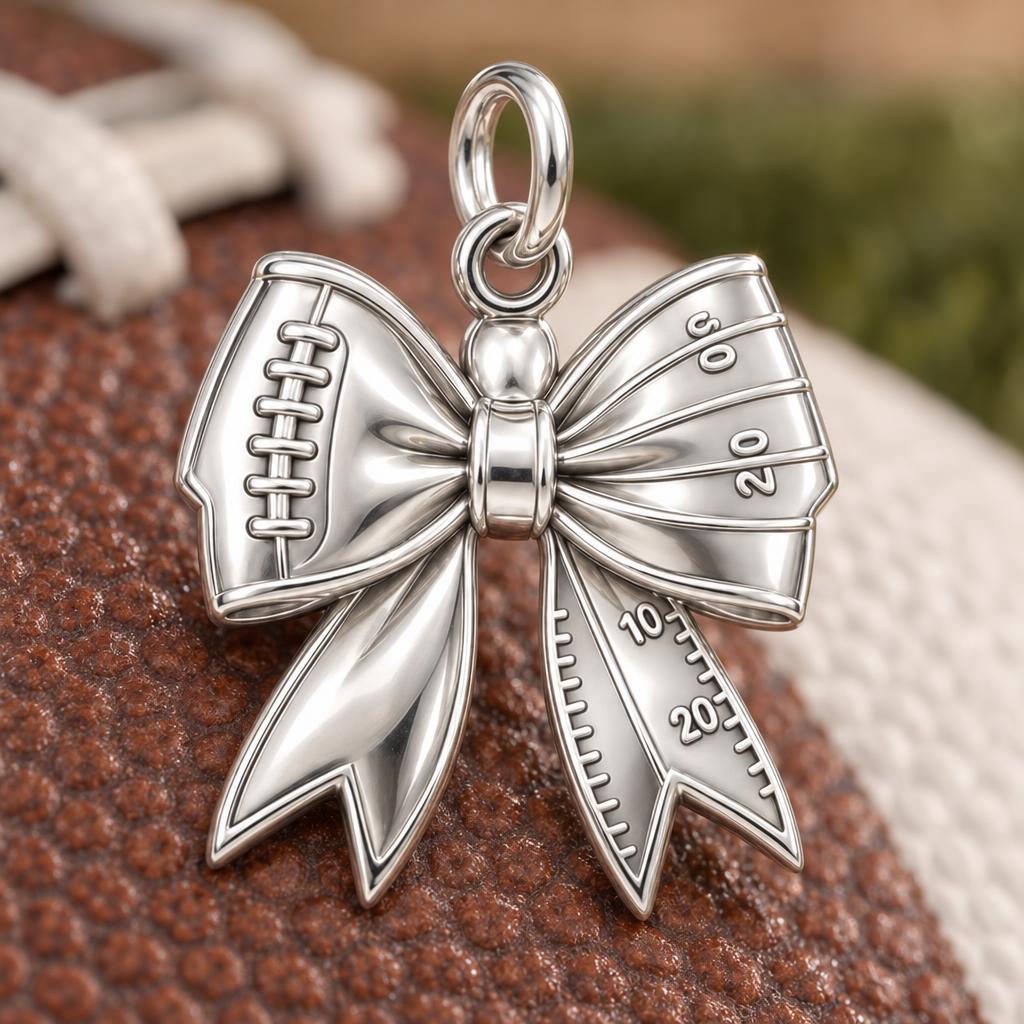 Football Field Bow Charm Bracelet – Personalized Mom Gift – macro detail of the charm