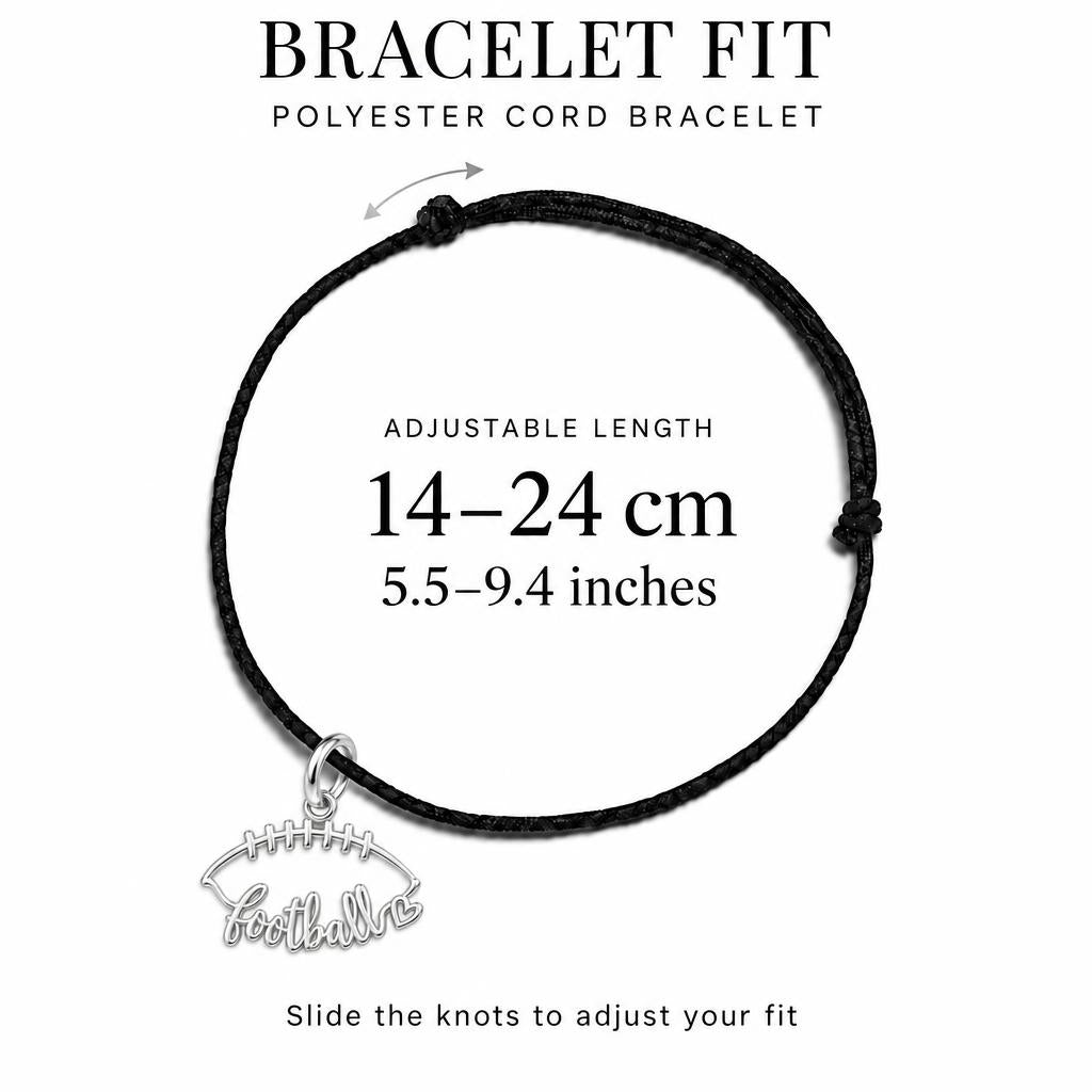 Football Heart Outline Charm Bracelet – Personalized Mom Gift – adjustable black cord bracelet, 14–24 cm