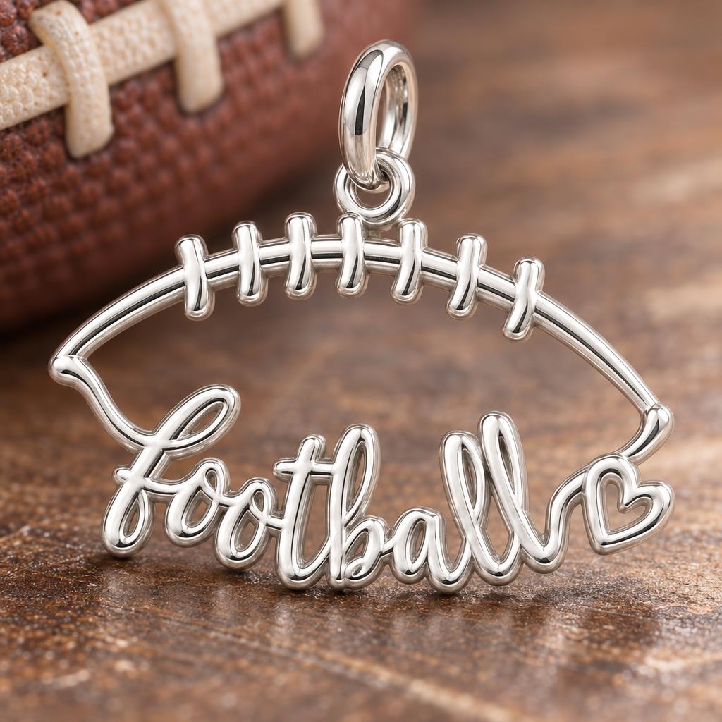 Football Heart Outline Charm Bracelet – Personalized Mom Gift – macro detail of the charm