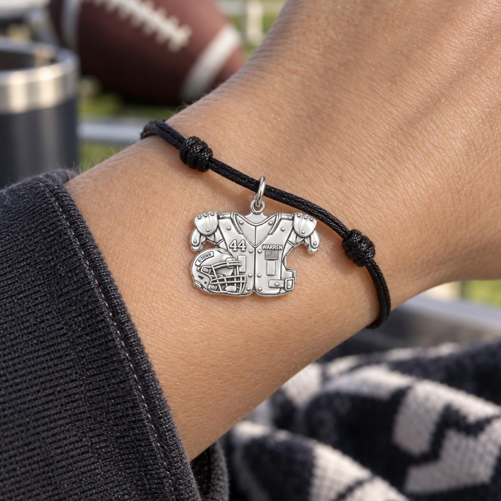 Football Jersey and Helmet Charm Bracelet – Personalized Mom – worn on the wrist on a black cord bracelet