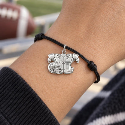Football Jersey and Helmet Charm Bracelet – Personalized Mom – worn on the wrist on a black cord bracelet