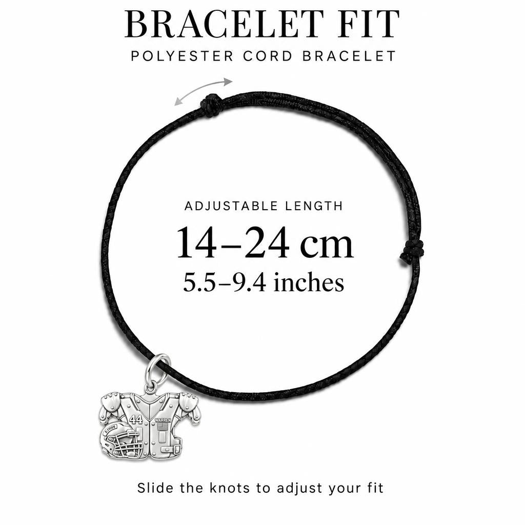 Football Jersey and Helmet Charm Bracelet – Personalized Mom – adjustable black cord bracelet, 14–24 cm