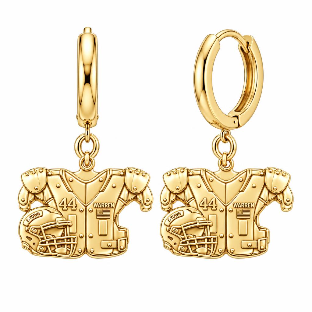 Football Jersey and Helmet Huggie Charm Earrings – 18K gold, front view