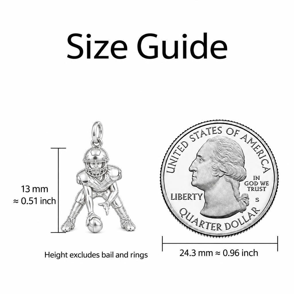 Football Player Charm Bracelet – Personalized Sports Mom Gift – size guide, 13 mm charm next to a quarter