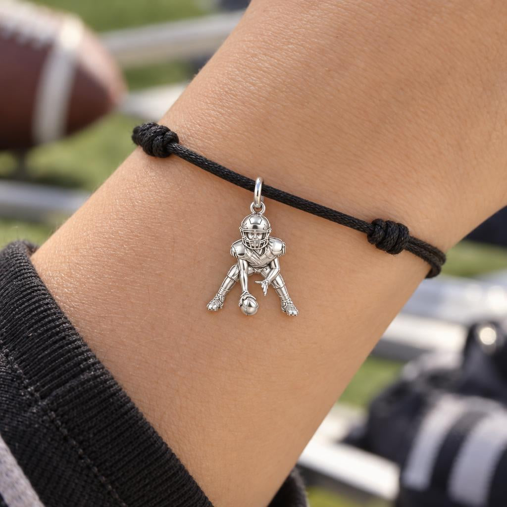 Football Player Charm Bracelet – Personalized Sports Mom Gift – worn on the wrist on a black cord bracelet