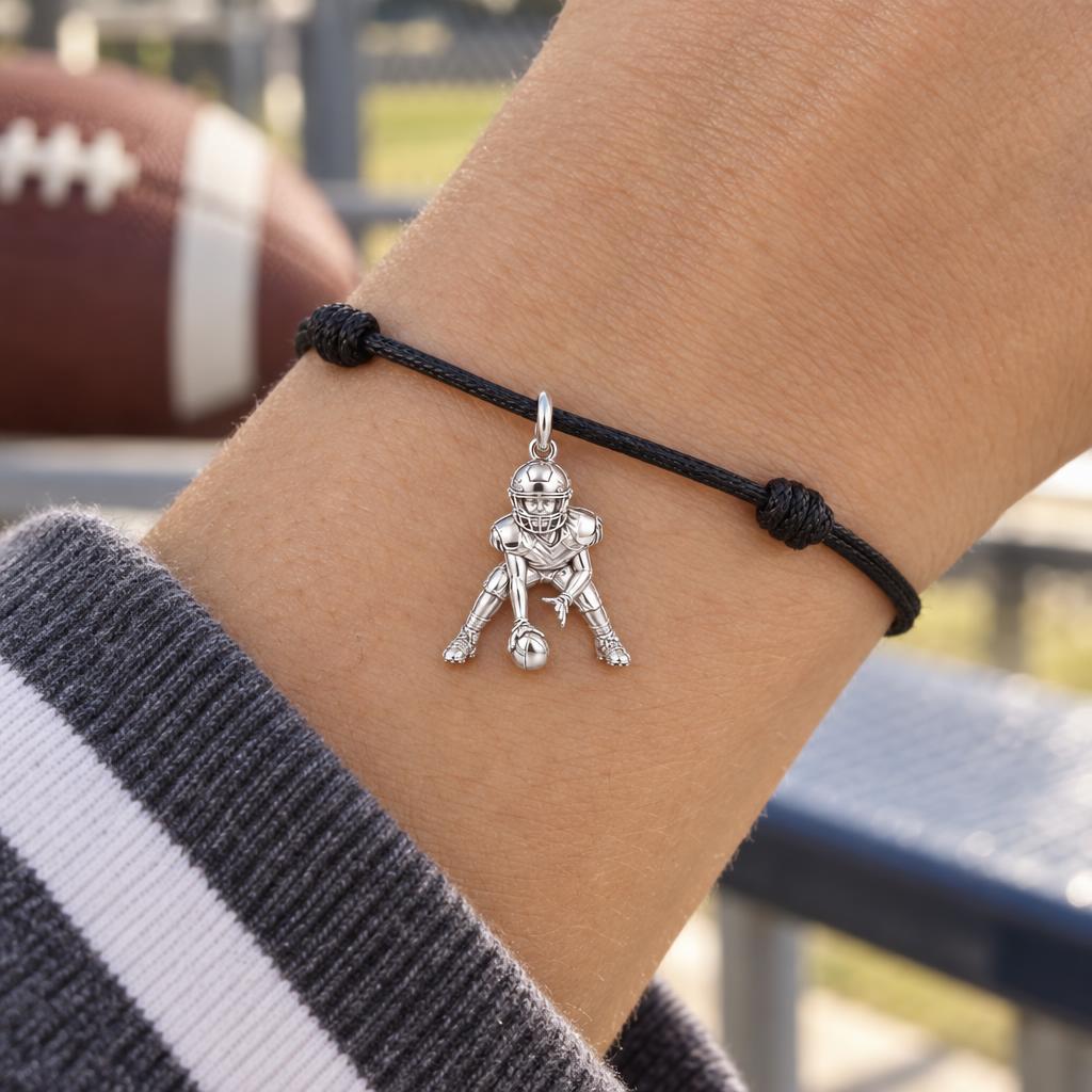 Football Player Charm Bracelet – Personalized Sports Mom Gift – worn on the wrist on a black cord bracelet