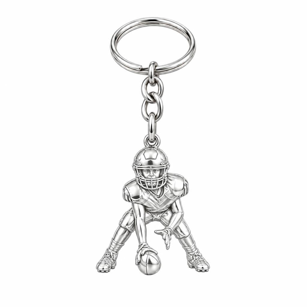 Football Player in Stance Charm Keychain – silver, front view