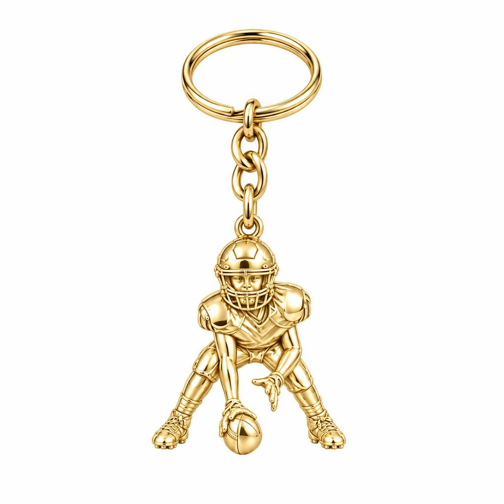 Football Player in Stance Charm Keychain – 18K gold, front view