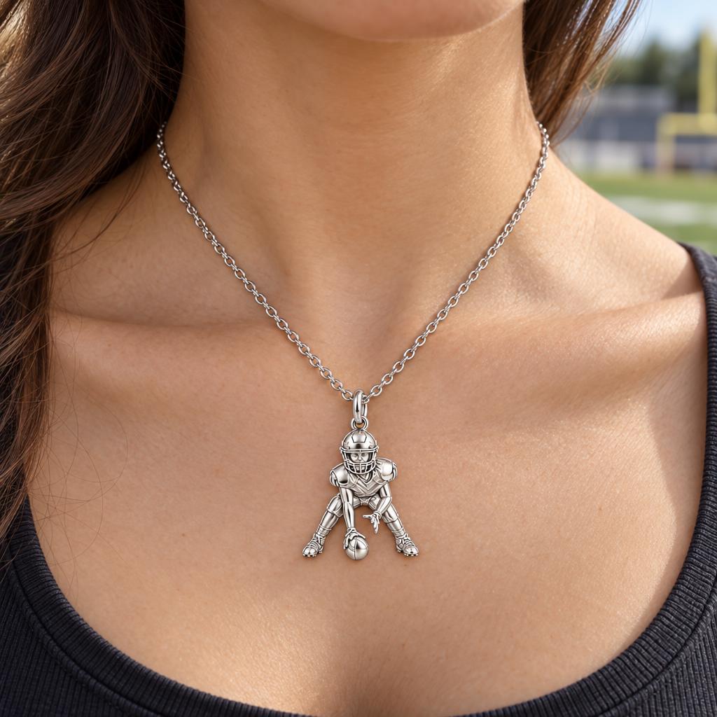 Football Player in Stance Charm Necklace Set – worn / in use