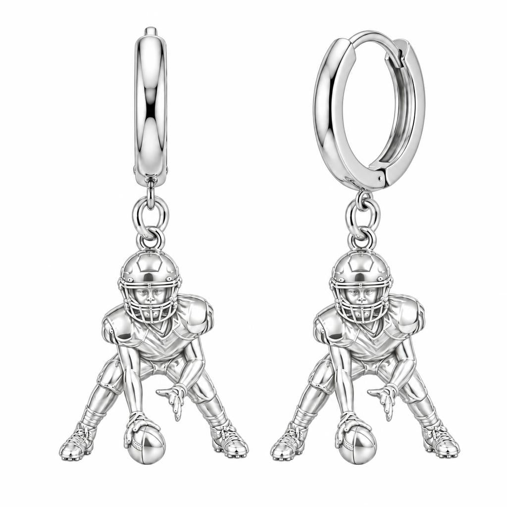 Football Player in Stance Huggie Charm Earrings – silver, front view