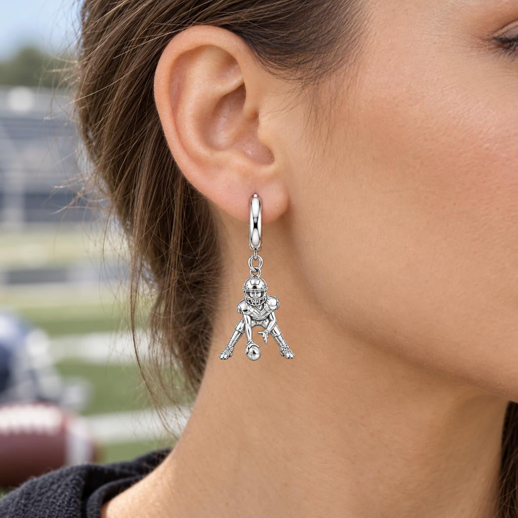 Football Player in Stance Huggie Charm Earrings – worn / in use