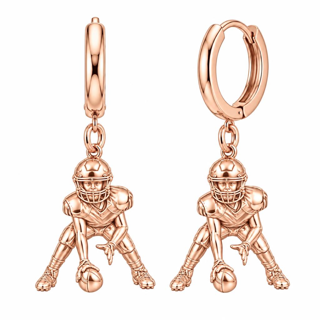 Football Player in Stance Huggie Charm Earrings – rose gold, front view