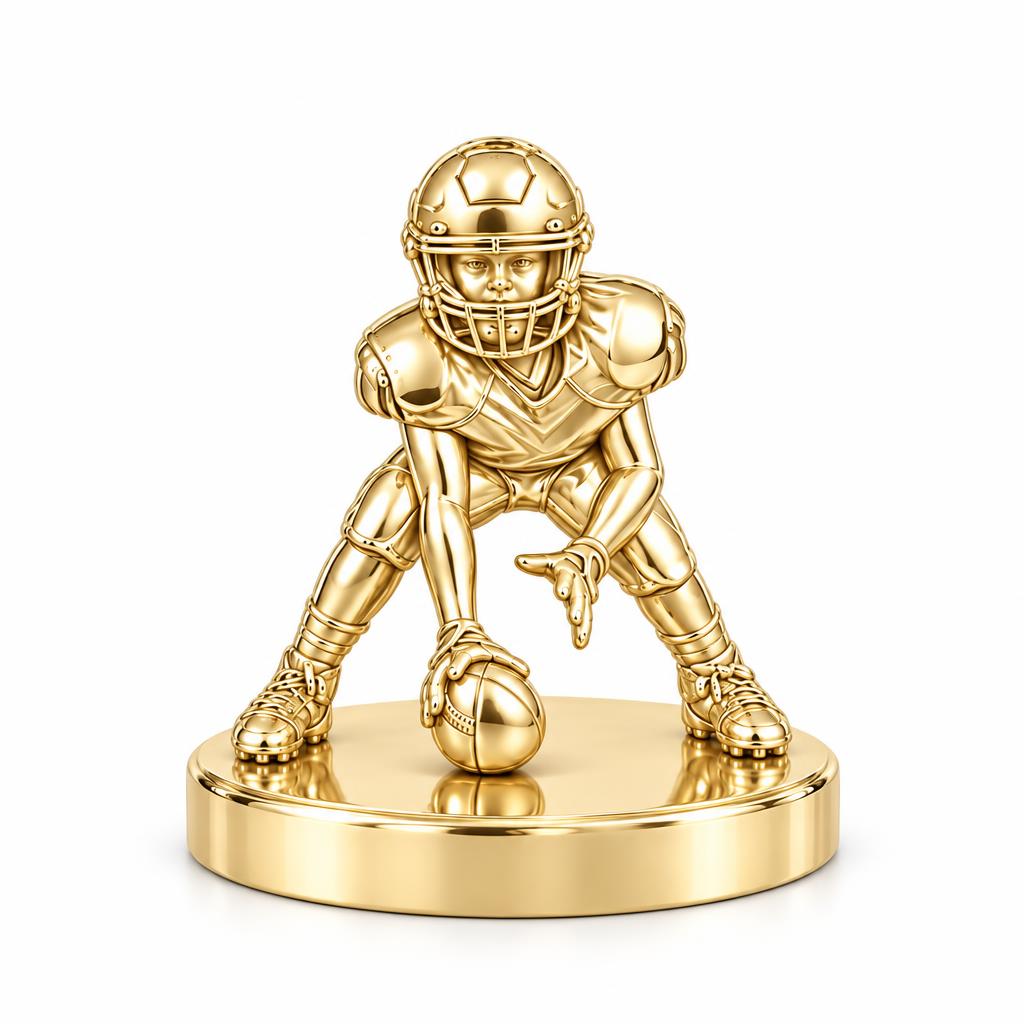 Football Player in Stance Keepsake Plaque – 18K gold, front view