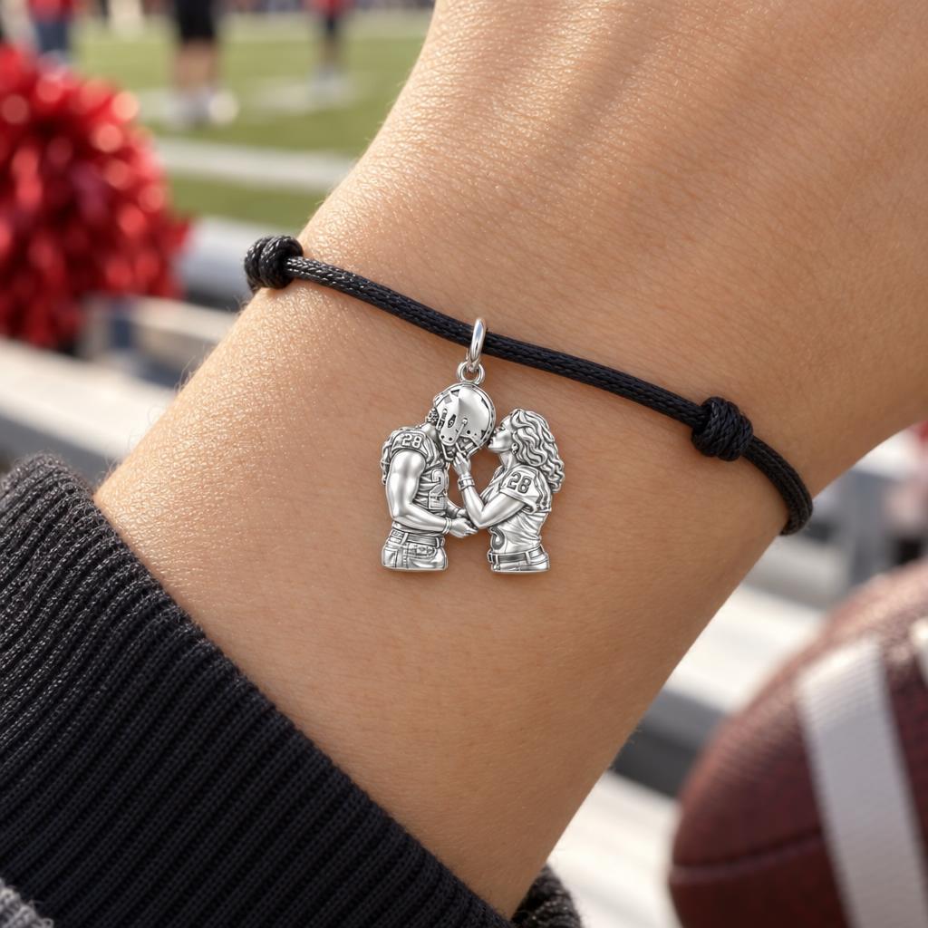 Football Sideline Sweetheart Charm Bracelet – Personalized Couple Gift – worn on the wrist on a black cord bracelet