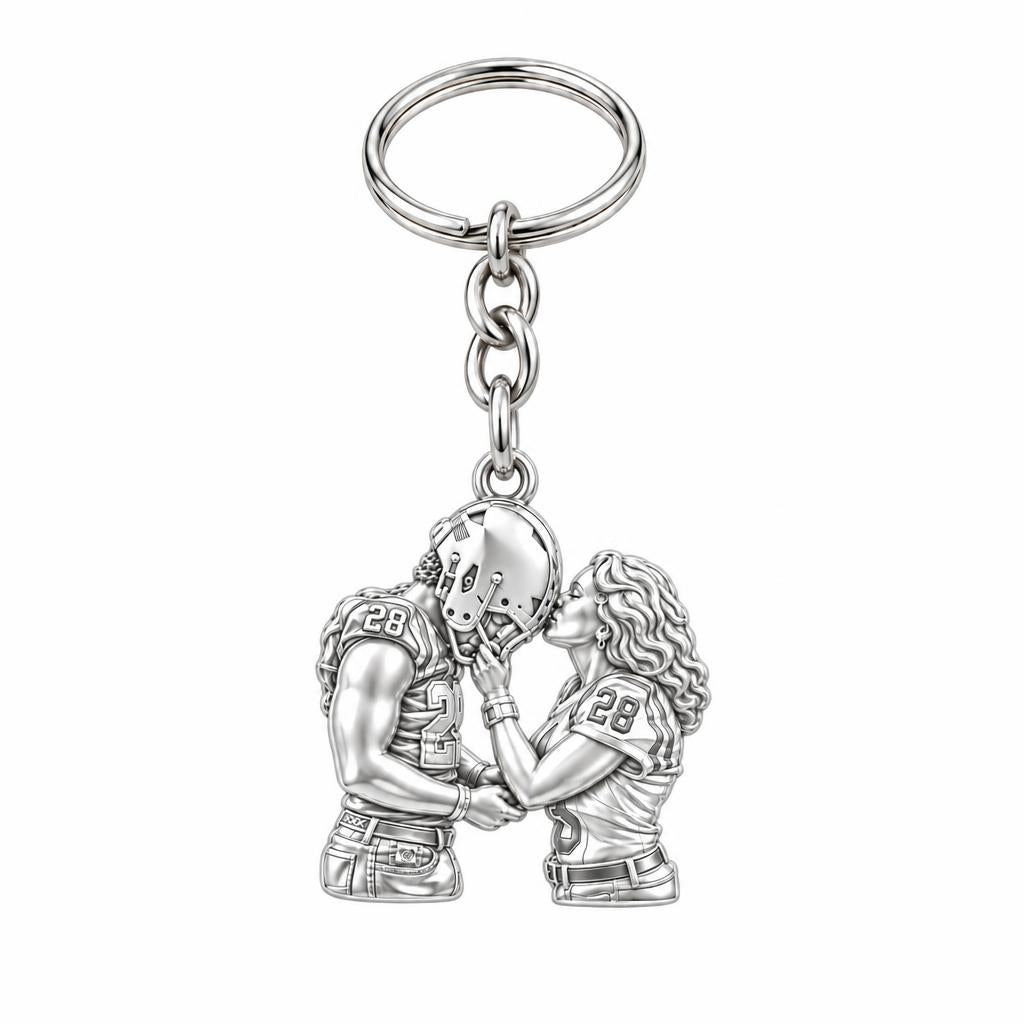 Football Sideline Sweetheart Charm Keychain – silver, front view